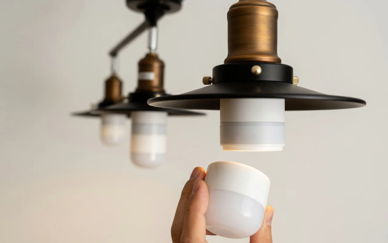 stak 電球型 IoT デバイスを天井のソケットに取り付ける様子